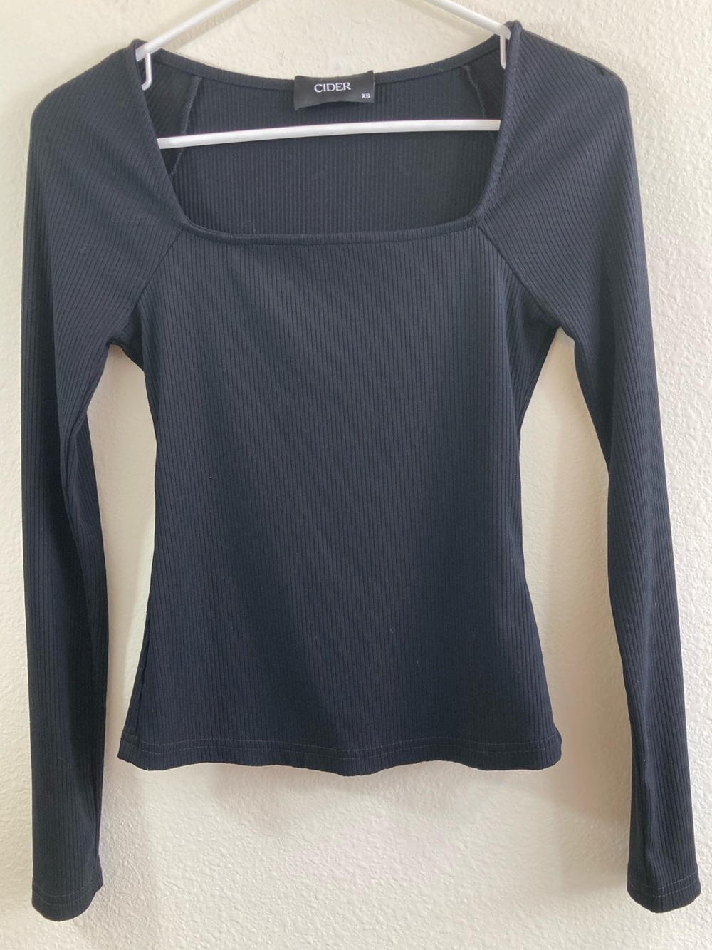 Cider Black Ribbed Top Size XS Square Neck Long Sleeve